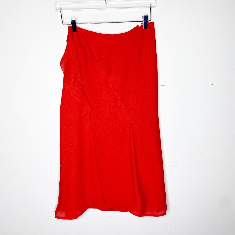 Victoria Beckham Red Silk Midi Pleat Ruffle Skirt - Picture 2 of 11